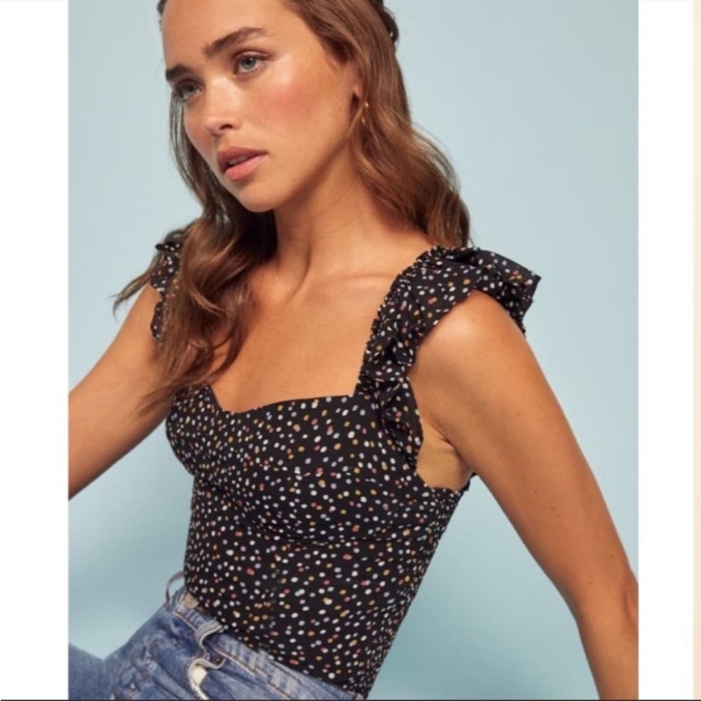 Reformation Lisbon Bustier Smocked Ruffle Top in Confetti Dot